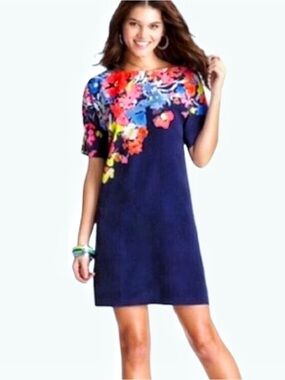LOFT Navy with Bright Floral Print Shift Dress Knee Length Size M